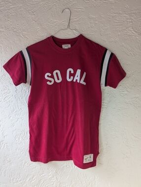 So Cal Red Tee with Stripe Sleeves. XS